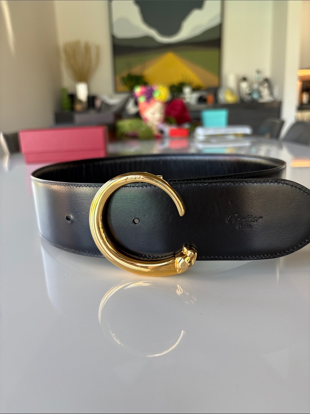 Cartier Black Leather Belt with Gold Panthère C Buckle Accent